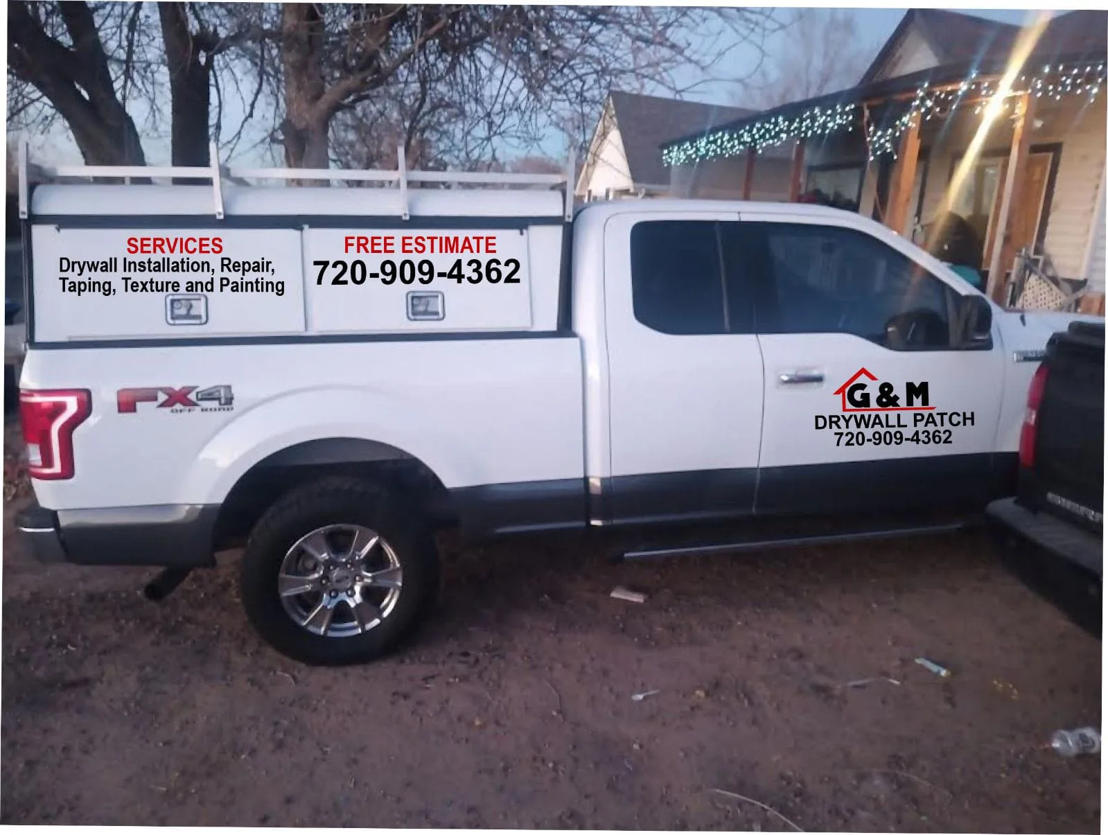 The G&M Drywall Patch truck at a residential job — installation, repair, taping, texture and painting.